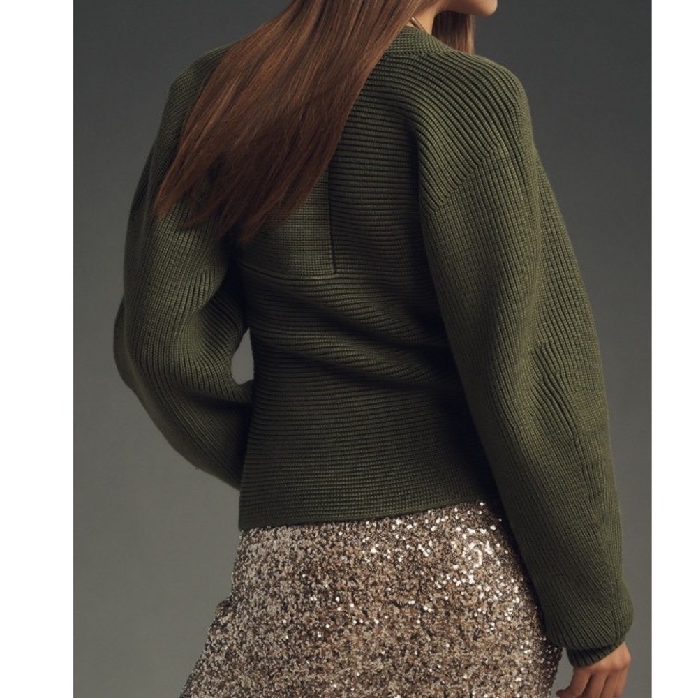 Anthropologie Maeve Olive Ribbed Square Neck Wide Sleeve Sweater Size Medium